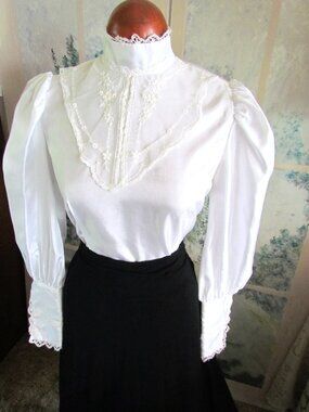 WHITE BLOUSE, PUFFED SLEEVES, LACE, HIGH NECK, FANCY CUFFS, CUTE BUTTON CLOSURES